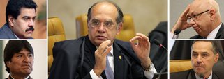 Em entrevista coletiva após a aceitação dos embargos, ministro Gilmar Mendes diz que STF pode virar um "tribunal bolivariano"; ele afirma que dois colegas foram substituídos pelos novatos Teori Zavascki e Luis Roberto Barroso devido ao alongamento "indevido" do julgamento, insinuando suposto aparelhamento do STF pelo PT; ele disse ainda daqui a pouco a Justiça brasileira será parecida com as de La Paz e Caracas, onde, segundo ele, não haveria independência; ministros deveriam cobrar desagravo do colega, assim como as embaixadas dos países vizinhos