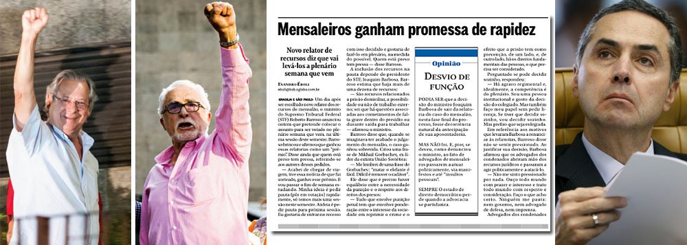 Título do jornal dos Marinho sobre recursos da Ação Penal 470 revela total descompromisso com a democracia e com as garantias individuais de cidadãos que foram submetidos a um constrangimento ilegal por Joaquim Barbosa; "Mensaleiros ganham promessa de rapidez", diz a manchete do Globo, sobre a afirmação do novo relator do caso Luís Roberto Barroso, que disse que "quem está preso tem pressa"; José Dirceu está há sete meses preso em regime fechado, embora condenado ao semiaberto, e teve negado o direito ao trabalho externo; José Genoino tenta a prisão domiciliar, mas, ao Globo, o que interessa é colocar a faca no pescoço de Barroso