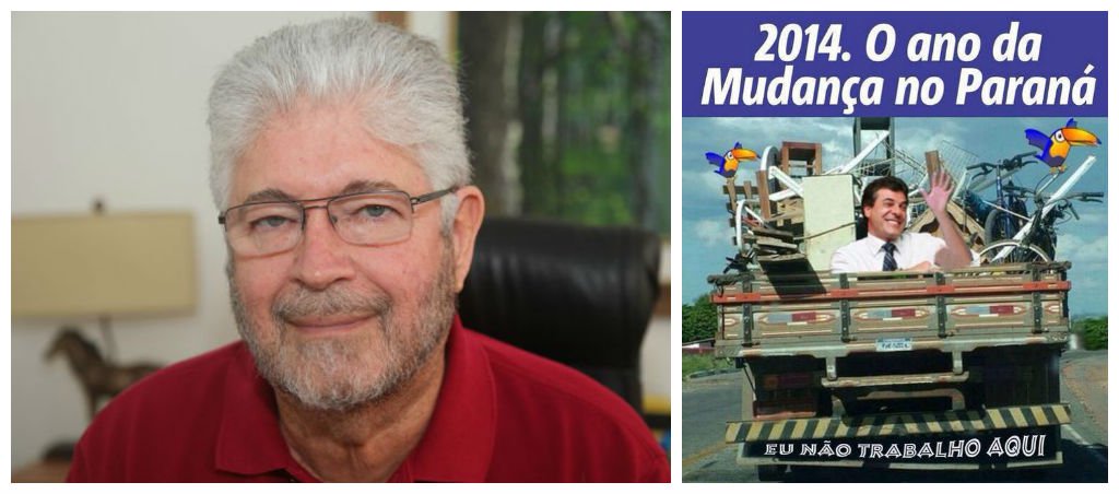 “2014. O ano da mudança no Paraná”, diz a mensagem no cartaz virtual disseminado pelo senador Requião; Na imagem viralizada pelo senador, além de móveis e objetos pessoais, aparecem dois tucanos. No para-choque do caminhão tem a seguinte inscrição: “Eu não trabalho aqui”