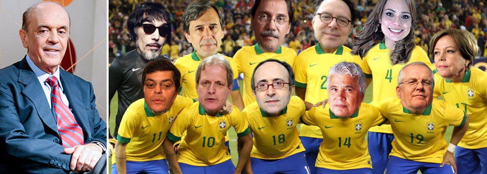 No time treinado por José Serra, estão nomes como Ali Kamel, Merval Pereira, Reinaldo Azevedo e Augusto Nunes, além das jogadoras Eliane Cantanhêde e Rachel Scherazade; confira o escrete completo escalado por Paulo Nogueira, editor do Diário do Centro do Mundo