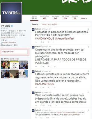 Contas da Empresa Brasil de Comunicação (@ebcnarede) e da TV Brasil (@tvbrasil) no Twitter foram invadidas neste sábado (12) por contas atribuídas ao coletivo hacker Anonymous Brasil; foram postadas mensagens criticando a repressão aos protestos na Copa do Mundo e a prisão de 19 ativistas pela Polícia Civil do Rio de Janeiro; "Liberdade já para todos os presos políticos. Protestar é um direito", dizia uma delas; mensagens ficaram no ar por mais de uma hora e, após denúncia da EBC, foram removidas pelo Twitter