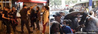A equipe do site do jornal O Globo flagrou, em vídeo, um policial (à esq.) forjando a posse de um morteiro e jogando o objeto próximo ao jovem que estava ao seu lado para incriminar o manifestante; tanto este PM como o major Pinto (à dir.), que jogou spray de pimenta nos professores, na Câmara do Rio, foram afastados da corporação