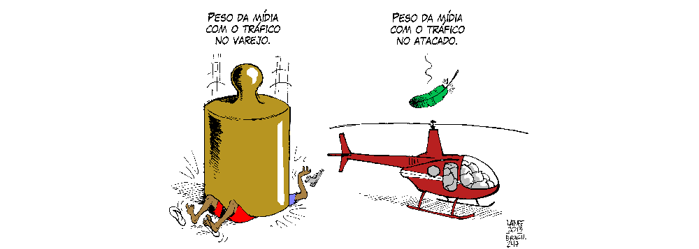 A diferença de tratamento dado pela imprensa nos casos de tráfico no varejo e no atacado, segundo o cartunista Carlos Latuff; caso do helicóptero do deputado estadual Gustavo Perrella, flagrado com mais de 400 quilos de cocaína, foi divulgado com discrição