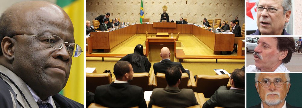 Presidente do Supremo não deverá estar na sessão de quarta-feira 25 que analisará recursos apresentados por José Dirceu e Delúbio Soares, que pedem autorização para trabalhar fora do presídio, e por José Genoino, que tenta cumprir prisão domiciliar, entre outros; informação é de que Joaquim Barbosa, prestes a se aposentar, estará preparando seu discurso de despedida; mas gesto também é visto como fuga da provável derrota que sofrerá pelos colegas; tendência é de que maioria dos ministros vote favoravelmente aos recursos; com ausência de Barbosa, sessão será presidida pelo vice-presidente, Ricardo Lewandowski