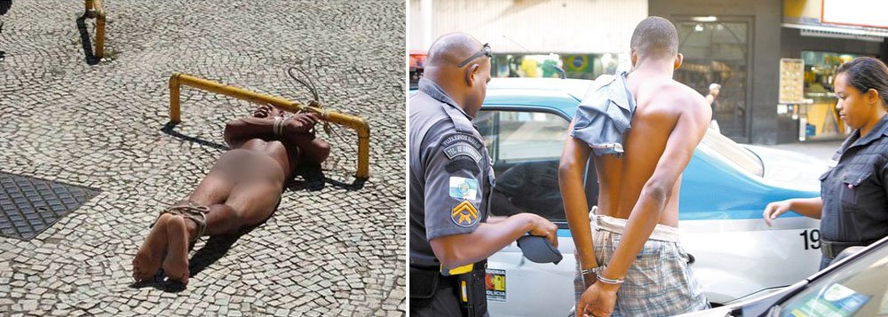 Policiais militares encontraram um adolescente de 16 anos amarrado a um poste, na zona oeste da cidade do Rio de Janeiro; segundo a Polícia Militar, o jovem foi flagrado enquanto furtava um estabelecimento comercial, no bairro de Santíssimo; no mês passado, um caso semelhante ganhou ampla divulgação nas redes sociais, quando um adolescente de 15 anos foi agredido e amarrado nu a um poste (fotos)
