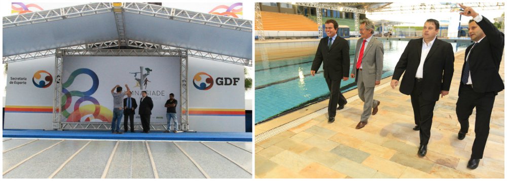 Segundo o secretários de Cultura, Hamilton Pereira (de terno cinza), a estrutura montada para receber a Gymnasiade 2013, com aporte de R$ 7 milhões, reafirma a capacidade da capital de sediar eventos internacionais; "Brasília amadureceu sua capacidade de oferecer serviços de qualidade na área de Cultura e Esporte. A capital do País recebe a Gymnasiade com a dignidade que o evento merece", comemorou Pereira