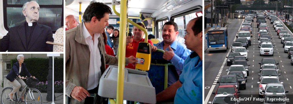 Prefeito inclinado a usar ônibus para ida de casa para o trabalho, do bairro do Paraíso ao centro de São Paulo; mesmo avesso a factóides, seria, para ele, uma grande maneira de acentuar a prioridade de sua gestão, na qual os transportes coletivos têm mais de R$ 3 bilhões em investimentos, e melhorar índices de popularidade; além disso, Haddad traria para o Brasil uma prática saudável que não é novidade no mundo; o papa Francisco usava metrô diariamente em Buenos Aires; a diretora-gerente do FMI só ia de bicicleta chefiar o ministério das Finanças da França, em Paris; na Inglaterra, governantes só podem ir a compromissos oficiais por transporte público; essa moda pega aqui?