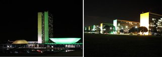 Ambientação especial permanecerá até o dia 14 de julho, após o término da Copa do Mundo; Palácio do Planalto, Congresso Nacional e Esplanada dos Ministérios estão entre as atrações iluminadas. Ontem (2), ao receber a taça da Copa das mãos do presidente da Fifa, Joseph Blatter, a presidente Dilma Rousseff deu três toques na madeira da tribuna de onde falava, para "isolar" o azar
