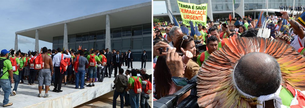 Depois de cercarem o prédio do governo federal, em Brasília, cerca de 1,2 mil índios de várias etnias estão divididos em manifestações no Congresso Nacional e diante do Ministério da Justiça nesta manhã; ato é contra a mudança no processo de demarcação de terras