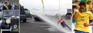 Projetado dia monumental de protestos não acontece; grupos isolados, unidos sob as máscaras de Black Blocs, causam incidentes em São Paulo, Rio de Janeiro, Brasília, Recife e Maceió; e só; ataque ao Mané Garrincha foi feito por minoria; bloqueio da avenida Paulista teve falta de quórum; no Rio, repressão isolou ato contra Palácio Guabara; violência e falta de bandeira política esvaziaram manifestações; vitória do governo, que não apanhou, e dos repórteres-fotográficos, que captaram ótimas imagens; Neymar fez o terceiro gol da Seleção e participou dos outros cinco; ele também ganhou o dia; oposição, nada; cenas de um feriado