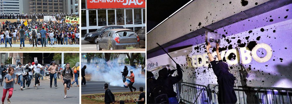 Jogo da Seleção Brasileira é cercado de tensão; manifestantes quebraram o vidro de uma concessionária de veículos e apedrejaram o prédio da Rede Globo, próximo ao estádio Mané Garrincha; marcha de manifestantes furou bloqueio no entorno da arena esportiva e entrou em confronto com policiais na capital federal, que teve um desfile cívico-militar sem incidentes durante a manhã; multidão também tomou a rodoviária; ao final, 30 presos por infrações consideradas leves