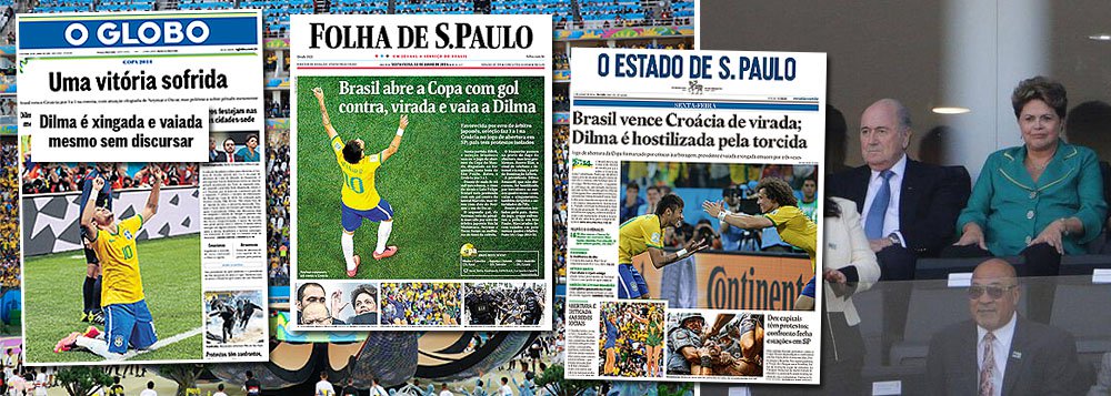 Elas estão destacadas na Folha, no Estado de S. Paulo e no Globo, assim como o foram nos telejornais de ontem; partiram de ala Vip do Itaquerão e refletiram, apenas, o comportamento de manada dos estádios de futebol; provavelmente, teriam ocorrido contra qualquer outro presidente; na tarde de ontem, havia muito mais em jogo do que o comportamento de parte da torcida que começou a hostilizá-la perto da área de imprensa, como, por exemplo, o fato de o Itaquerão ter passado pelo teste de fogo e de o dia ter transcorrido sem protestos graves e com transporte de qualidade para os torcedores; do episódio da vaia, emerge uma única certeza: Folha, Estado e Globo fazem parte da torcida organizada anti-Dilma