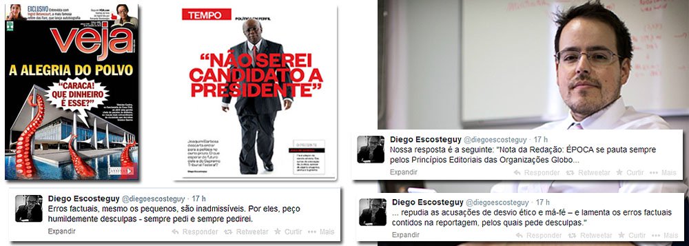 Alvo de uma carta demolidora de Joaquim Barbosa, presidente do Supremo Tribunal Federal, o jornalista Diego Escosteguy, diretor da revista Época em Brasília, não teve alternativa, a não ser pedir desculpas; segundo Barbosa, ele mentiu na reportagem e nas circunstâncias do encontro; disse que pretendia apenas cumprimentá-lo e transformou o rendez-vous em entrevista; na mesma matéria, publicou inverdades, como o inexistente passado de doméstica da mãe de Barbosa e também uma falsa autoria de um prefácio num livro do magistrado; Escosteguy é um jornalista que já esteve envolvido em outras polêmicas, como as reportagens sobre supostos pacotes de dinheiro na Casa Civil, às vésperas da eleição presidencial de 2010
