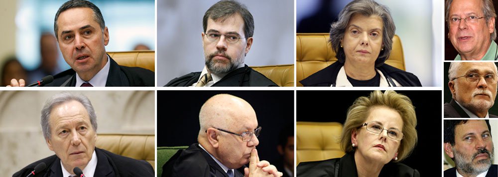 Cai condenação por crime de formação de quadrilha na AP 470; ministro Teori Zavascki concluiu voto pela absolvição às 10h55, marcando 5 a 1; formação da maioria foi feita por Rosa Weber, que reafirmou em seguida seu voto anterior pela absolvição; com os votos de Luís Roberto Barroso, Dias Toffoli, Carmen Lúcia, Ricardo Lewandowski, Teori Zavascki e Rosa Weber, embargos infringentes são aceitos; ministro Gilmar Mendes fala: "Composição do tribunal foi mudada", apontou; Joaquim Barbosa derrotado; link