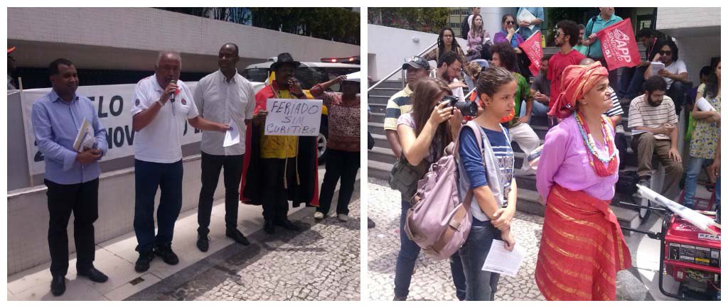 Cerca de 100 ativistas fizeram uma manifestação em frente ao Tribunal de Justiça do Paraná, nesta tarde, contra liminar concedida pelo Órgão Especial da corte suspendendo o feriado, previsto para o próximo dia 20; entidades do Movimento Negro dizem que a decisão contra o dia de Zumbi dos Palmares foi tomada porque o tribunal é formado por brancos