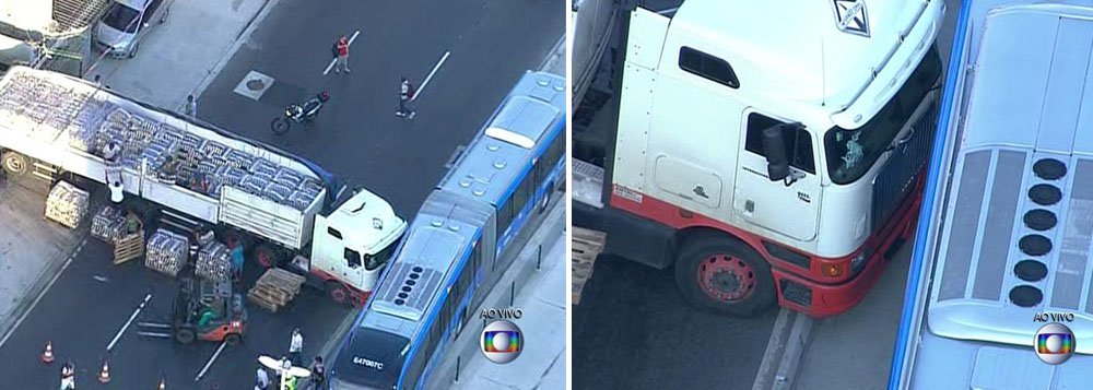 Um acidente com um caminhão e um ônibus BRT na Avenida Brás de Pina, na Penha, bloqueou o trânsito; o caminhão ficou atravessado na pista, que ficou interditada; o tráfego foi liberado quase uma hora depois da colisão, que ocorreu às 7h25; o consórcio BRT, contudo, afirma que não houve colisão, mas, sim, que o caminhão enguiçou, bloqueando a passagem; imagens de TV mostram a frente do caminhão colada à lateral do ônibus