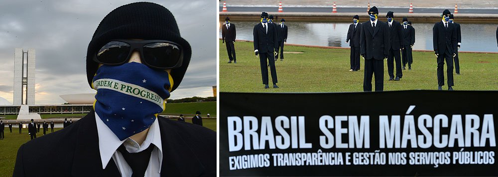 No ato "Brasil Sem Máscaras", a ONG Rio de Paz instalou 27 manequins em frente ao Congresso Nacional, uma maneira de protestar contra a falta de transparência e eficiência na gestão dos serviços públicos; a manifestação ocorre até às 18h