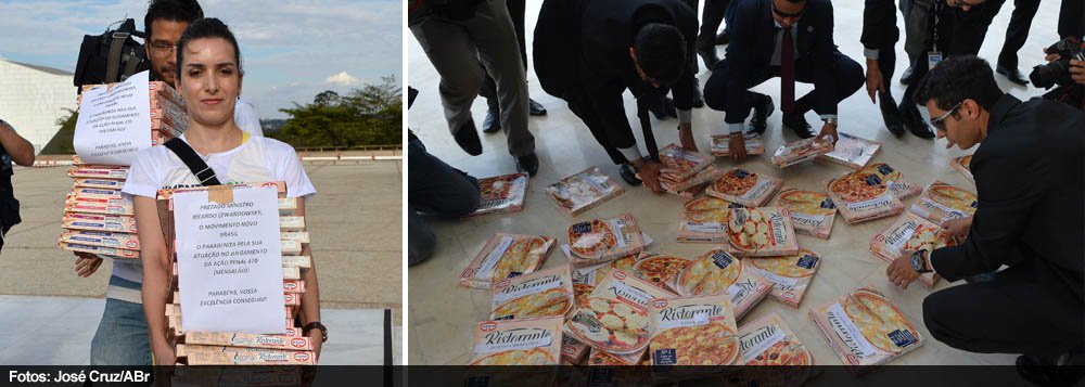 Os dois integrantes do Movimento Novo Brasil deixaram na entrada da Corte 37 caixas de pizza com os nomes dos réus da ação penal 470; eles protestaram contra a decisão de aceitar os embargos infringentes