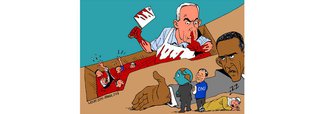 Cartunista Carlos Latuff ilustra o silêncio da comunidade internacional e o apoio dos Estados Unidos ao massacre de Israel, que já deixou mais de 500 mortos apenas do lado dos palestinos