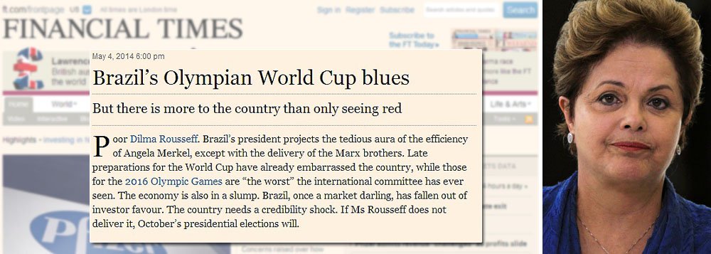 Jornal britânico fala que o País precisa de um "choque de credibilidade", que se não for entregue pela presidente Dilma Rousseff, o será pelas eleições de outubro; editorial desta segunda-feira 5 diz que Dilma "projeta uma aura tediosa da eficiência de Angela Merkel", a chanceler alemã, e que os atrasos nas obras da Copa já deixaram o Brasil "constrangido"; acostumado a bater na gestão petista, jornal que já pediu a cabeça do ministro Guido Mantega aponta três desafios imediatos para o governo Dilma: "escândalo de corrupção na Petrobras", "risco crescente de escassez de energia" e "Copa do Mundo"