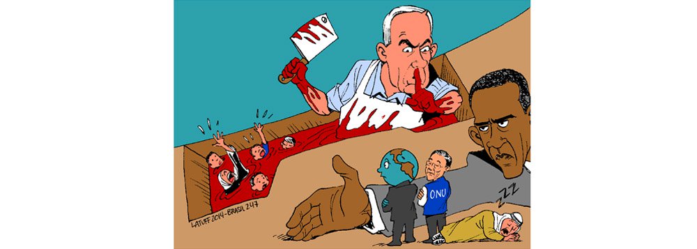 Cartunista Carlos Latuff ilustra o silêncio da comunidade internacional e o apoio dos Estados Unidos ao massacre de Israel, que já deixou mais de 500 mortos apenas do lado dos palestinos