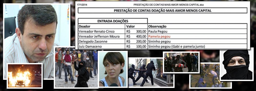 Lista de financiadores dos arruaceiros mascarados mostra políticos do PSOL e até um delegado, além de um juiz; em depoimento, Caio Silva de Souza, disparador do rojão que matou o cinegrafista Santiago Andrade contou que tinha reuniões com deputado estadual do Rio de Janeiro; Marcelo Freixo é o mais destacado quadro político da legenda; Sininho, que aparece como influente Black Bloc, admitiu no Facebook que vândalos recebem pagamento; ela também pegou; pagamentos eram regulares e de até R$ 400 por quebra-quebra, o que explica episódios como invasão da Câmara Municipal, fechamento da Avenida Rio Branco e depredação de ônibus e pontos comerciais; apurações podem levar a cassação de registro; lista completa