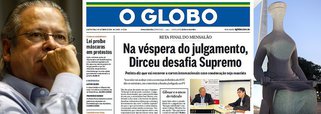 Chamada de capa diz que ex-ministro desafia Supremo na reta final do chamado "mensalão": "As Organizações Globo não têm legitimidade para me acusar de afronta à Justiça. Elas, sim, têm em sua história passagem notável de afronta ao STF, ao apoiar o golpe militar, a ditadura e o AI-5, que usurpou os poderes constitucionais do Supremo, eliminou as garantias individuais, o habeas corpus, a liberdade de expressão e organização. Eu estava do outro lado da trincheira, defendendo a democracia", disse