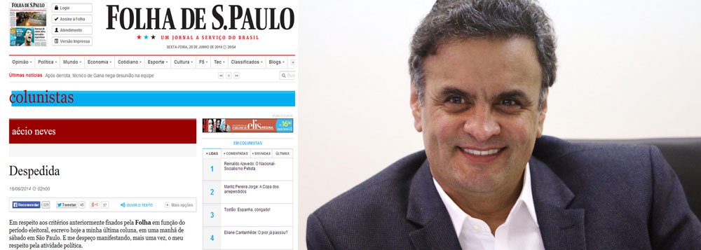 Folha de S. Paulo obteve na Justiça Eleitoral do Rio uma liminar que lhe dá direito a manter na internet uma coluna escrita pelo presidenciável tucano Aécio Neves, e ex-colunista do jornal; juiz Flávio Willeman, do Tribunal Regional Eleitoral do Rio, afirmou em decisão provisória que retirar a coluna da internet "seria uma restrição direta à liberdade de informação jornalística"; na última semana, o juiz Guilherme Pedrosa Lopes, do mesmo TRE do Rio, determinou que a Folha retirasse da internet uma coluna escrita por Aécio Neves; texto relata as "visões" e os "compromissos" do PSDB para combater as desigualdades sociais