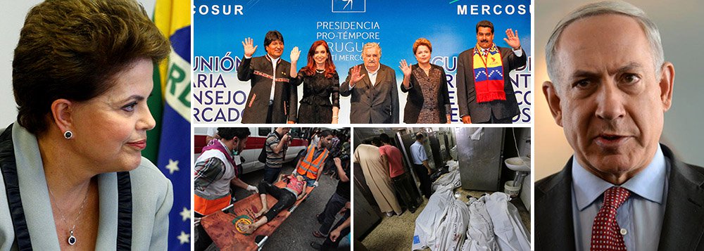 Após censurar os abusos cometidos pelo governo de Benjamin Netanyahu na Faixa de Gaza, Brasil usa liderança no continente para emitir declaração em comum com líderes dos cinco países que compõem o Mercado Comum do Sul (Mercosul) condenando uso desproporcional da força por Israel; grupo se reúne na 46ª Cúpula do bloco, marcada para a próxima terça-feira (29), em Caracas, Venezuela; articulação é mais uma resposta do governo brasileiro contra a chancelaria de Israel que chamou o Brasil de "anão diplomático"
