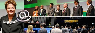 Presidente Dilma Rousseff sancionou nesta manhã o Marco Civil da Internet, durante a abertura do NetMundial, encontro global que discute o futuro da governança da internet com a presença de 80 países em São Paulo nesta quarta e quinta-feira; segundo ela, "o Brasil deu um grande passo" com o Marco Civil, que "conserva a neutralidade da rede" e traz regras claras, como para a retirada de conteúdo; projeto foi aprovado ontem no Senado; "No Brasil, empresas e a Presidência tiveram comunicações interceptadas. Esses fatos são inaceitáveis", discursou, em referência à espionagem norte-americana; EUA a um passo de perder influência sobre estabelecimento de domínios na rede