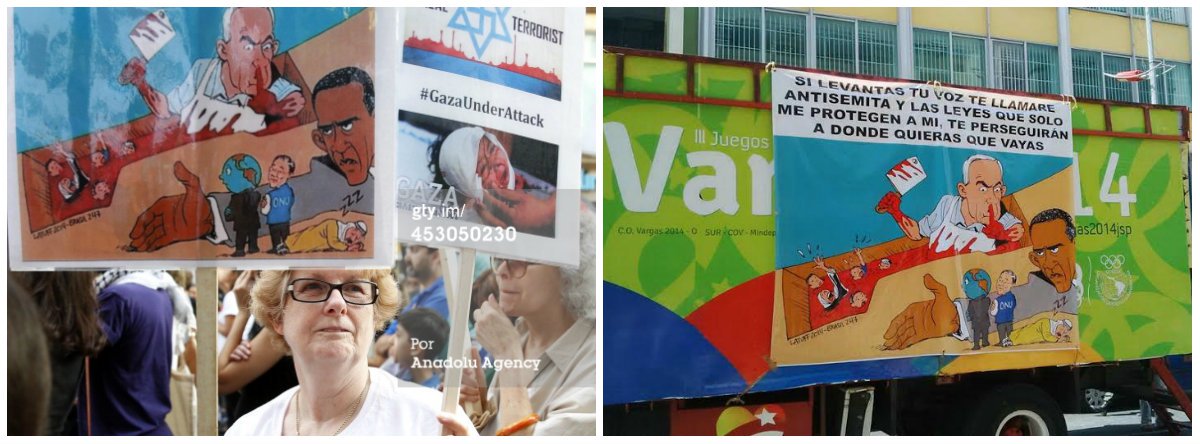 Arte do cartunista Carlos Latuff sobre o ataque desproporcional de Israel contra palestinos tem sido usada fora do Brasil como protesto contra o conflito, como em uma manifestação em Londres e no baú de um caminhão em Caracas, na Venezuela