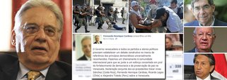Fernando Henrique Cardoso, Oscar Arias Sánchez (Costa Rica), Ricardo Lagos (Chile) e Alejandro Toledo (Peru) divulgam declaração conjunta pela qual ressaltam que há "criminalização", por parte do governo de Nicolás Maduro, ao "protesto cívico e da oposição democrática" na Venezuela; "na condição de amigos da democracia venezuelana", os quatro ex-chefes de governo fazem apelo e clamam à comunidade internacional para que haja investigação contra as denúncias de tortura, o fim das "restrições à imprensa", "fim imediato das perseguições contra os estudantes" e debate promovido pelo governo venezuelano; em artigo no fim de semana, FHC já havia criticado a "timidez de nosso governo" diante da crise