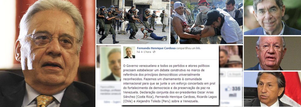 Fernando Henrique Cardoso, Oscar Arias Sánchez (Costa Rica), Ricardo Lagos (Chile) e Alejandro Toledo (Peru) divulgam declaração conjunta pela qual ressaltam que há "criminalização", por parte do governo de Nicolás Maduro, ao "protesto cívico e da oposição democrática" na Venezuela; "na condição de amigos da democracia venezuelana", os quatro ex-chefes de governo fazem apelo e clamam à comunidade internacional para que haja investigação contra as denúncias de tortura, o fim das "restrições à imprensa", "fim imediato das perseguições contra os estudantes" e debate promovido pelo governo venezuelano; em artigo no fim de semana, FHC já havia criticado a "timidez de nosso governo" diante da crise