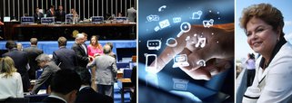 Senado aprovou, por unanimidade, na noite desta terça (22) o projeto de lei que normatiza a Internet no país, estabelecendo regras e penalidades para abusos na rede; texto foi aprovado sem alterações, em sessão tumultuada, e agora segue para sanção da presidente Dilma Rousseff (PT); aprovação atende orientação do Planalto, que deseja apresentar a nova lei na NETmundial, conferência que começa amanhã na cidade de São Paulo e discutirá o futuro da internet e a gestão da rede, hoje marcada por supervisão fortemente norte-americana