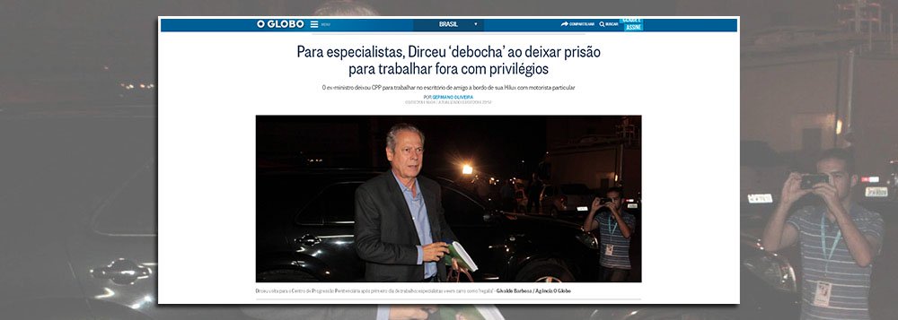 Time de especialistas reunido pelo jornal aponta “deboche” à sociedade e ao sistema judiciário de José Dirceu em seu primeiro dia de trabalho, após sete meses preso em regime fechado contra sua condenação na AP 470; “ex-ministro deixou CPP para trabalhar no escritório de amigo à bordo de sua Hilux com motorista particular”