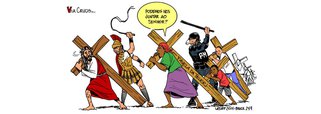 Chargista Carlos Latuff, em sua mais recente produção, retrata a situação dos desalojados da Telerj/Oi, do Rio de Janeiro, ao compará-la com a Via Crucis, a peregrinação do sofrimento de Jesus Cristo até cruz, o ponto alto da Semana Santa para os cristãos; imagem relembra ato do dia dia 11 de abril, quando a Polícia Militar iniciou a operação de reintegração de posse do terreno pertencente à companhia telefônica Oi, no Engenho Novo, zona norte do Rio de Janeiro; desocupação foi marcada por violência