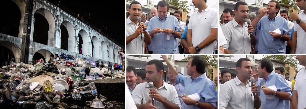 Em meio a greve de garis, que chega ao 6º dia no Rio, vídeo divulgado na internet flagra prefeito jogando alimento para o alto; presidente da Comlurb diz que ele será multado; em nota, Eduardo Paes tenta se eximir da culpa: "O vídeo, efetivamente, não mostra Paes jogando ao chão um pedaço de fruta"; assista
