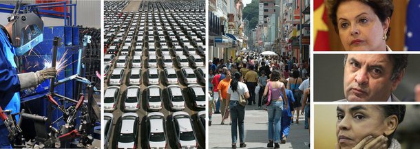 Boletim Focus, do BC, registra nesta segunda-feira 18 a 12ª queda consecutiva na previsão de crescimento da economia para 2014, agora de apenas 0.79%; forte elemento econômico se instala no campo político; após dois recúos do PIB, em maio e junho, Brasil pode estar cumprindo agora terceiro mês de ausência de crescimento; tecnicamente, está caracterizada a recessão; discurso dos candidatos de oposição Aécio Neves e, perto de ser indicada pelo PSB, Marina Silva, ganha nova sustentação; presidente Dilma Rousseff, mesmo vencendo a batalha contra a inflação e com folga na criação de empregos desde o início de seu mandato, vê novo flanco para ataques; na eleição mais surpreendente e dramática desde a redemocratização, economia volta a ser determinante