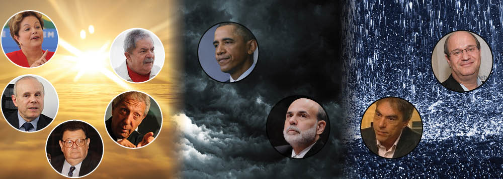 Pedra cantada entre os profetas do caos, promessa de mergulho na economia mundial se mostra uma lorota; não existe tempestade perfeita com os Estados Unidos em recuperação, a Europa atingindo reformas financeiras, a China promovendo mudanças econômicas e o Brasil fechando 2013 com recorde de empregos acumulados, inflação na meta, renda em alta e dívidas em baixa; Delfim Netto aponta falência da tese; Abilio Diniz vê momento positivo; economista-chefe do Itaú, Ilan Goldfajn, aposta no rebaixamento do País, enquanto articulista Demétrio Magnoli precisa encontrar outra porta para o fim do mundo; o sol bate sobre a economia na virada de 2013 para 2014; boa notícia para Dilma, Lula e Mantega