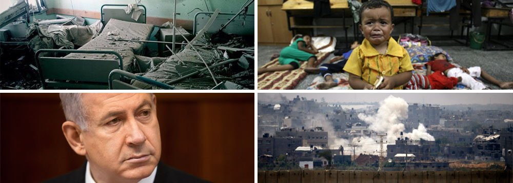 Benjamin Netanyahu acentua ofensiva sobre população civil na Faixa de Gaza; depois do domingo sangrento, com 100 mortes entre palestinos, e bombardeio a hospital, foguetes de Israel atingem escola da ONU para deslocados pela guerra; escritório da agência Associated Press é atacado; em 15 dias, operação por ar e terra matou 121 crianças, 80 delas com menos de 12 anos; 107 mil estão traumatizadas por perdas de familiares e de moradia, segundo Unicef; mais de 500 adultos já morreram; exército invasor tem apenas 27 baixas; não há guerra, mas um massacre; quem vai segurar a mão assassina do primeiro-ministro?