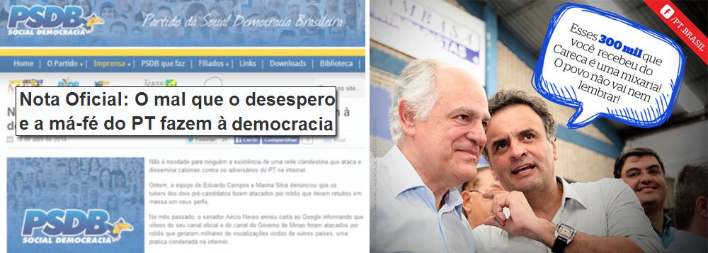 Em nota, tucanos mencionam "a existência de uma rede clandestina que ataca e dissemina calúnias contra os adversários do PT na internet" e resgatam casos de Eduardo Campos e Marina Silva que tiveram suas contas no Twitter atacadas nesta quarta-feira, numa indicação de que o ato teria sido promovido por petistas; motivo do posicionamento foi uma foto publicada na página do PT no Facebook com Aécio Neves e Pimenta da Veiga, indiciado pela PF; segundo o PSDB, "a montagem, que finge ser uma piada, é caluniosa, agride o ambiente de respeito que deve orientar a convivência partidária"