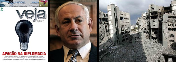 Capa da revista semanal que adota posições cada vez mais extremistas aponta "apagão na diplomacia" e "falência moral da política externa de Dilma"; com seu radicalismo, revista da família Civita sai em defesa do carniceiro Benjamin Netanyahu, que foi responsável pela morte de mais de mil pessoas nos últimos vinte dias e capaz de bombardear até um hospital e uma escola das Nações Unidas