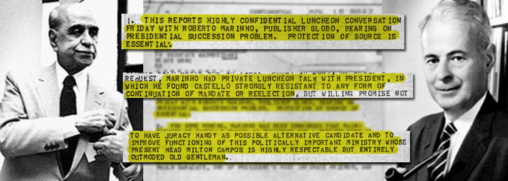 Jornalista Helena Sthephanowitz obtém documento precioso, que ficou guardado durante 50 anos, sobre o papel de Roberto Marinho na ditadura militar que atirou o País às trevas durante 21 anos; nele, o embaixador Lincoln Gordon relata a seus superiores suas conversas com o então presidente das Organizações Globo; ambos discutiam a sucessão de Castelo Branco e o endurecimento do regime; a verdade é dura, a Rede Globo apoiou a ditadura
