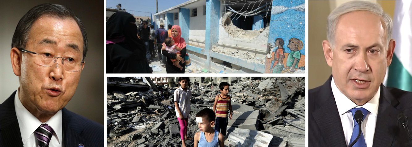 "É um ultraje moral e um ato criminoso", denunciou o secretário-geral das Nações Unidas, Ban Ki-moon, em comunicado no qual se referiu ao novo ataque a uma escola da ONU, que deixou dez pessoas mortas neste domingo, como "outra grave violação da lei humanitária internacional"; este é o segundo bombardeio a uma escola da Organização em uma semana; Ban lembrou que Israel foi alertado sobre refúgios; diplomata coreano também defendeu que "este ataque, junto com outras violações da legislação internacional, deve ser investigado rapidamente e os responsáveis devem pagar por isso"; disparos aéreos comandados pelo genocida Benjamin Netanyahu mataram 40 palestinos apenas hoje