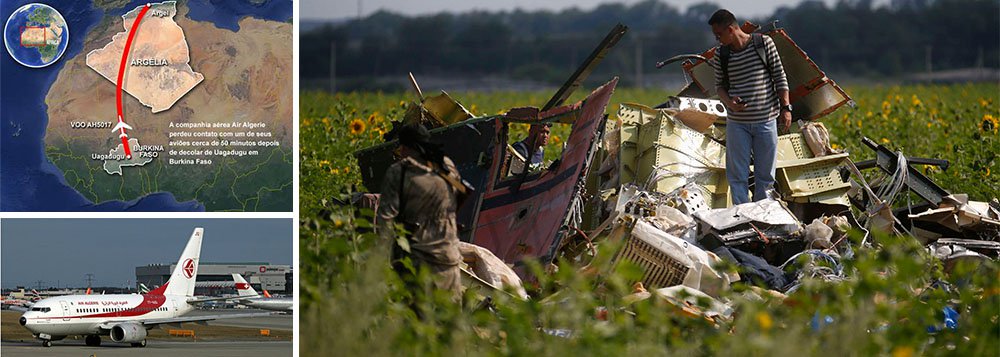 Aeronave que havia desaparecido enquanto voava de Burkina Faso para Argel, capital da Argélia, na África, caiu, disse um representante da agência argelina de aviação; companhia espanhola Swiftair havia informado que um de seus aviões operado pela Air Algerie deveria ter aterrissado em Argel às 5h10, horário local, mas não chegou a seu destino; há uma semana, o voo MH17 da Malaysia Airlines, com 298 passageiros, foi derrubado na Ucrânia; ontem, um acidente aéreo em Taiwan matou 47 pessoas