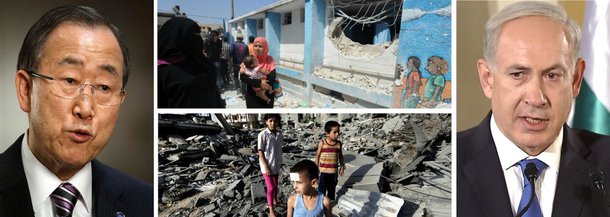 "É um ultraje moral e um ato criminoso", denunciou o secretário-geral das Nações Unidas, Ban Ki-moon, em comunicado no qual se referiu ao novo ataque a uma escola da ONU, que deixou dez pessoas mortas neste domingo, como "outra grave violação da lei humanitária internacional"; este é o segundo bombardeio a uma escola da Organização em uma semana; Ban lembrou que Israel foi alertado sobre refúgios; diplomata coreano também defendeu que "este ataque, junto com outras violações da legislação internacional, deve ser investigado rapidamente e os responsáveis devem pagar por isso"; disparos aéreos comandados pelo genocida Benjamin Netanyahu mataram 40 palestinos apenas hoje
