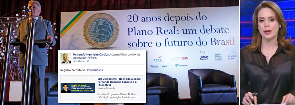 Como parte da celebração dos 20 anos do Plano Real, ex-presidente Fernando Henrique Cardoso divulgou em sua página no Facebook um vídeo em que a apresentadora do SBT Rachel Sheherazade elogia o tucano e a importância da moeda para o País; em um trecho, ela diz que o PSDB "se mostrou incompetente como oposição" nos últimos 12 anos; publicação tem estimulado elogios de internautas como "a Raquel fala o que todo brasileiro consciente e esclarecido gostaria de falar e não tem oportunidade"; vale lembrar que ela apoiou ato de "justiceiros" que espancaram e amarraram um adolescente no poste