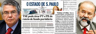 Prestação de contas sigilosa enviada pelo Partido dos Trabalhadores ao Tribunal Superior Eleitoral foi vazada para o jornal Estado de S. Paulo, para sustentar a tese de que a legenda bancou a defesa de réus da Ação Penal 470; ao mesmo jornal, o ministro Marco Aurélio Mello, que deixa a presidência do TSE, afirma que o PT pode ser excluído do fundo partidário por sua "improbidade manifesta"; tesoureiro do PT, João Vaccari, nega o uso do fundo partidário na Ação Penal 470, mas Mello parece mais disposto a falar do que a querer ouvi-lo; seu último compromisso no cargo foi um almoço na Folha de S. Paulo