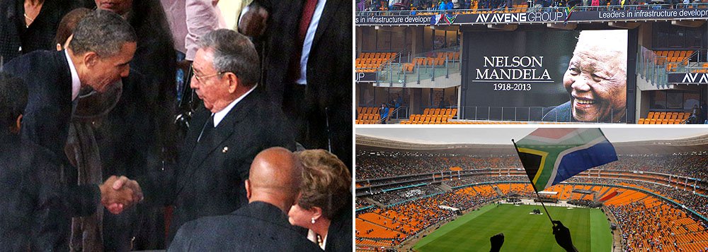 Depois de 51 anos de embargo comercial e relações cortadas, presidentes dos Estados Unidos e de Cuba se encontram e apertam as mãos pela primeira vez; simbolismo do gesto, durante as cerimônias fúnebres de Nelson Mandela, significa a compreensão entre contrários; lutador e pacificador, líder sul-africano foi grande admirador da revolução cubana sem nutrir ódio pelos americanos; novo momento na relação entre os dois países pode ter sido iniciado no cumprimento entre Barack Obama e Raúl Castro