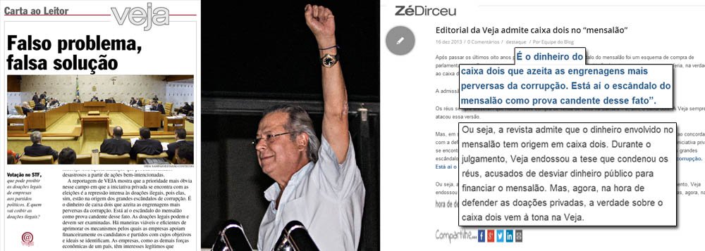 Blog do ex-ministro faz post sobre editorial da revista Veja que renega tese da própria revista sobre uso de dinheiro público no chamado escândalo do mensalão; após condenção, publicação da família Civita admite que base da defesa dos réus continha verdade; "Agora, na hora de defender as doações privadas, a verdade sobre o caixa dois vem à tona na Veja", registra Dirceu; publicação mostra contrariedade com avanço do estabelecimento do financiamento público de campanhas políticas no Supremo Tribunal Federal